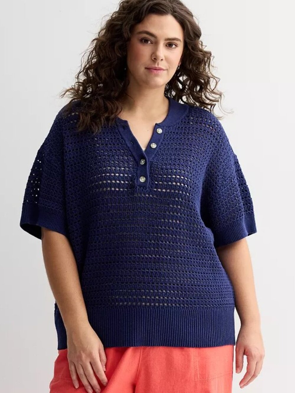 Plus Size Short Sleeve Henley Sweater